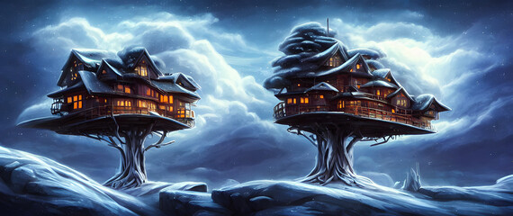 Artistic concept painting of a beautiful tree house, background illustration.