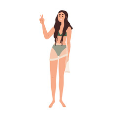 Young girl standing in bikini, beachwear. Happy slim thin woman in swimwear gesturing peace victory sign. Modern female wearing beach swimsuit. Flat vector illustration isolated on white background