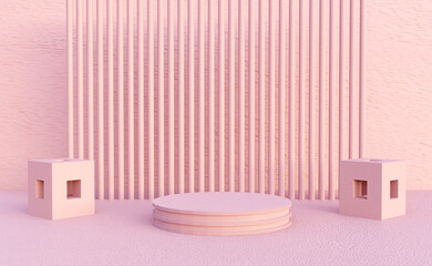 Pastel pink podium with abstract art decorations. Stand to show products. Stage showcase with minimal scene. Pedestal display. 3D rendering. Studio platform template.