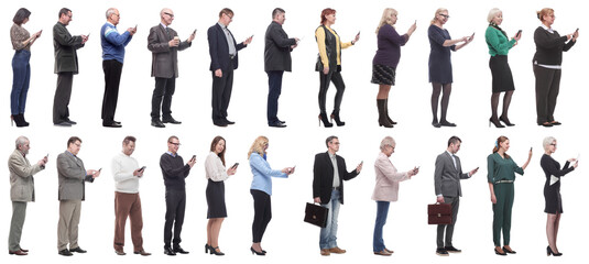group of people profile holding phone in hand isolated