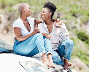 Car, beer and lesbian couple on a road trip love relaxing in nature together in summer drinking...