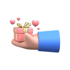 3d render hand holding pink gold gift box with ribbon icon