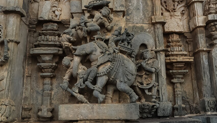 Depicting of War Scene with Elephant, Chennakeshawa Temple, Belur, Hassan, Karnataka, India. - obrazy, fototapety, plakaty