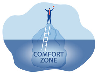 Businessman climbing mountain to Exit from comfort zone he's thinking; motivational success new life vector illustration.