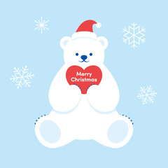 vector background with polar bear with heart and Christmas Santa hat for banners, cards, flyers, social media wallpapers, etc.