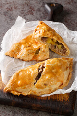 Freshly baked homemade Cornish pasties closeup on the paper on the wooden board. Vertical