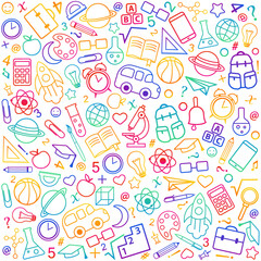 Back to school seamless pattern from education, science objects