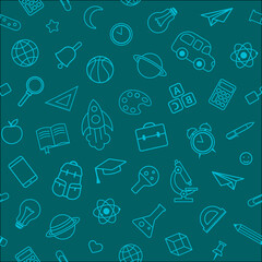 Back to school seamless pattern from education, science objects