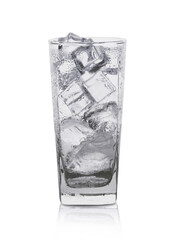 Pour water with ice in glass isolated on white background with clipping path.