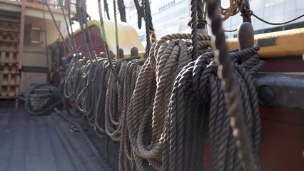 Close up shot of old war ships rigging rope