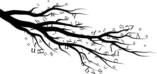 Tree branch with letters. Vector decoration from scattered elements. Monochrome isolated silhouette. Conceptual illustration.
