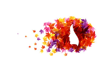 Woman with hair from colorful autumn leaves. Vector decoration from scattered elements. Colorful isolated silhouette. Conceptual illustration.