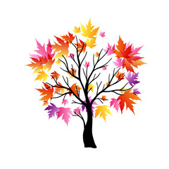Tree with flying around colorful autumn leaves. Vector decoration from scattered elements. Colorful isolated silhouette. Conceptual illustration.