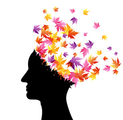 Head with flying colorful autumn leaves . Vector decoration from scattered elements. Colorful isolated silhouette. Conceptual illustration.