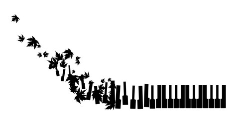 Piano keys with flying up maple leaves. Vector decoration from scattered elements. Monochrome isolated silhouette. Conceptual illustration.