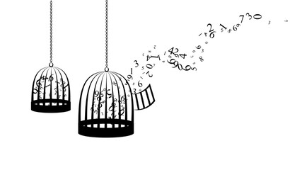 Birdcages with flying up numbers. Vector decoration from scattered elements. Monochrome isolated silhouette. Conceptual illustration.