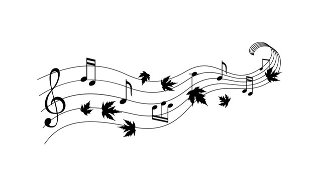 Music notes with flying maple leaves. Vector decoration from scattered elements. Monochrome isolated silhouette. Conceptual illustration.