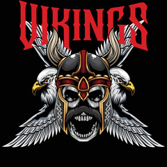 Vector Illustration of Skull Wearing Viking Helmet with Falcon in Vintage Style