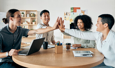 High five for corporate motivation in strategy meeting, support in collaboration of hands during marketing planning discussion and celebration of startup company. Employees with smile for teamwork