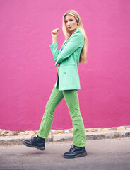 Portrait, fashion and beauty with woman on street posing against a pink background mockup. Cool, stylish and creative designer model or girl in a vintage, retro and fashionable funky jacket outfit