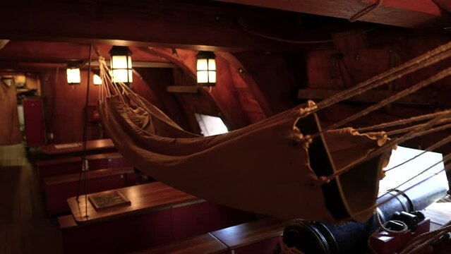 Close up of war ships hammock below decks