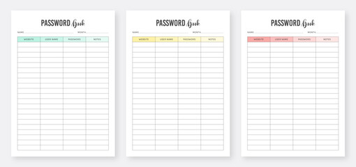 Password Log Book Template. Password Tracker Template. Printable Password Book Design. Modern Simple Password Log Template. Minimalist Planner Pages Template. Notebook Page. Business Organizer Page.
