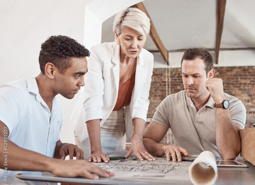 Poster architect team, blueprint and collaboration in meeting for architecture design, document or plan at 
