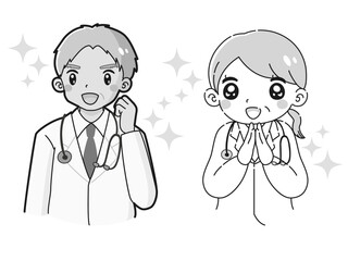 ときめく笑顔の白衣を着たシニア男性医師と女性医師のイラスト