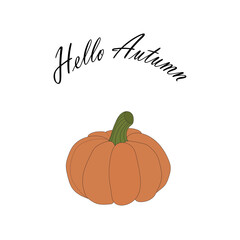 orange pumpkin illustration, lettering hello autumn. autumn harvest illustration