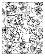 antistress coloring page with cat and flower pattern
