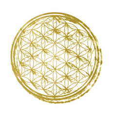 Vector Golden Gold Flower of Life Circle Symbol Sign.Sacred geometry background.Yellow paint round circles icon stamp.Meditation.Mandala.Shirt print design.Decoration element.Vinyl wall sticker decal.