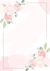 pink rose and peony flower bouquet wreath with frame on pink watercolor splash background