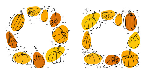 Round and square Pumpkin frames. Hand drawn autumn vector illustration. Thanksgiving or Halloween holidays sketch design. Pumpkin icon symbols isolated on white. Vegetable print for autumn holidays.