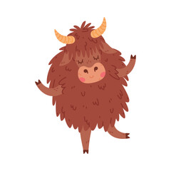 Cute Yak Character with Dense Fur and Horns Dancing Vector Illustration