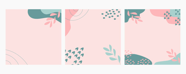 Bundle of abstract summer backgrounds on pastel color. Trendy organic shapes with copy space text suitable for banner, poster, flyer, social media post/feed or stories.