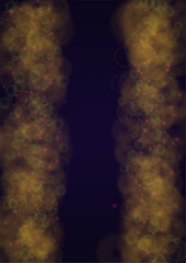 Vector Magical Gold Shine Background with Bokeh Blurred Glowing Circles on Black. Starlight Fog Texture. Glitter Holiday Print. Christmas and New Year Design. Glowing Light on Dark Purple.