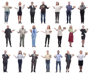 Obraz premium group of happy people with gifts in their hands isolated