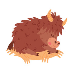 Cute Yak Character with Dense Fur and Horns Sleeping on Hay Vector Illustration