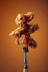 Fried chicken with ketchup on a fork.