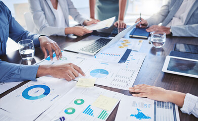 Teamwork, collaboration and infographic paper in business meeting for target audience data, KPI or...