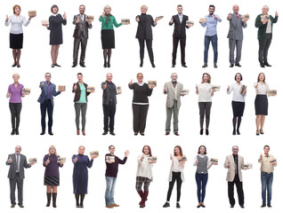 group of happy people with gifts in their hands isolated