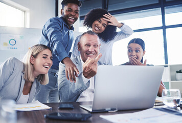 Fototapeta premium Rude, middle finger and crazy business people in video conference with bullying, arrogant and rival in video call. Hate, conflict and competitive in online meeting with competitor and employees