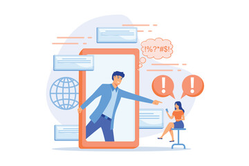 Bully in smartphone harassing, threatening and intimidating upset victim online. Cyberbullying, online flooding, social network harassment concept. flat vector modern illustration