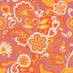 Fototapeta na wymiar Colorful folk psychedelic seamless pattern. Retro ethnic ornament. Vintage vector background. Hippie 70s styled groovy textile print. Floral motifs