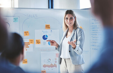 Sales woman, marketing and finance presentation on whiteboard for business meeting, workshop...