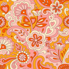 Colorful folk psychedelic seamless pattern. Retro ethnic ornament. Vintage vector background. Hippie 70s styled groovy textile print. Floral motifs