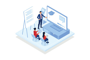Join class. People joining smart classes via teaching software, video conferencing, data visualizations, online training.isometric vector modern illustration