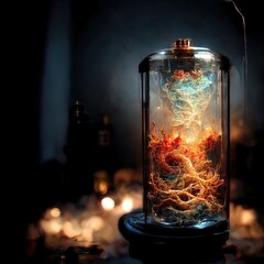 Chaotic liquid in the bottle. Fantasy. Abstract. Fantastic 3D rendered digital. Cinematic light.