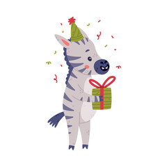 Funny Zebra with Black-and-white Striped Coat in Birthday Hat Holding Gift Box Vector Illustration