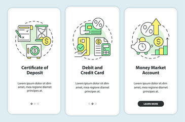 Banking products onboarding mobile app screen. Finance walkthrough 3 steps editable graphic instructions with linear concepts. UI, UX, GUI template. Myriad Pro-Bold, Regular fonts used